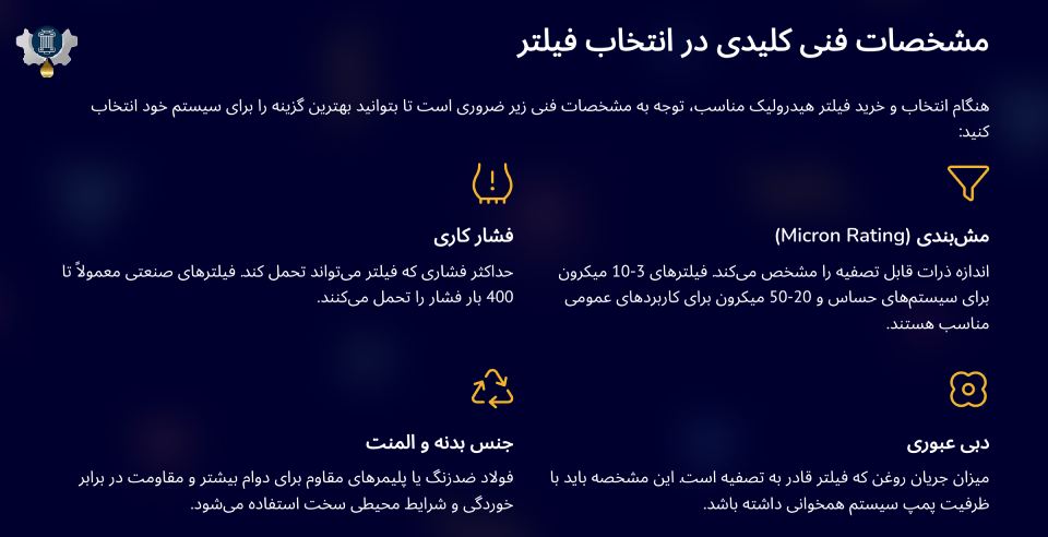 مشخصات فنی فیلتر هیدرولیک